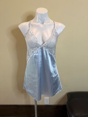 Satin Lace Chemise Slip in Light Blue